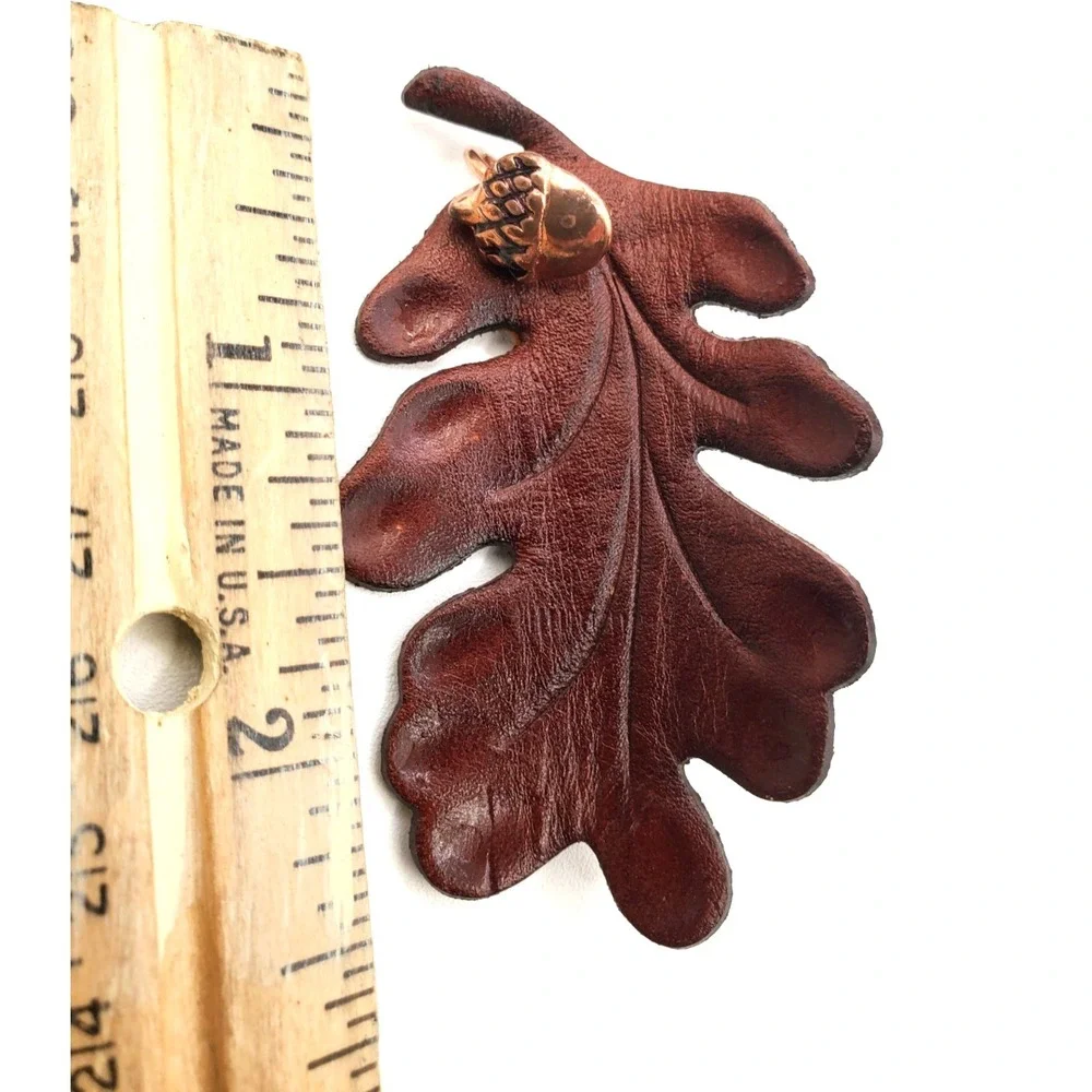 Vintage Oak Leaf & Acorn Leather & Gold Tone Brooch Pin